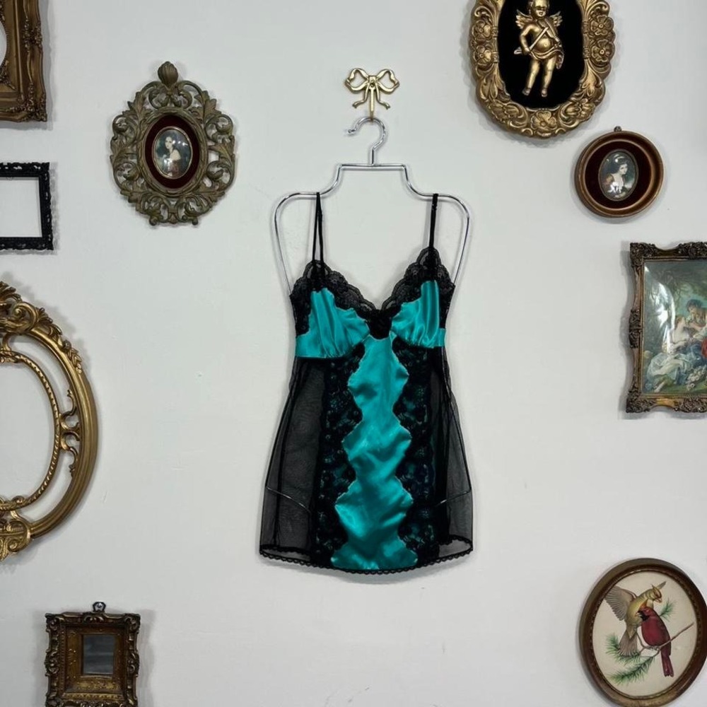 Frederick's of Hollywood Teal Satin & Black Lace Dress – Vintage Y2K Lingerie